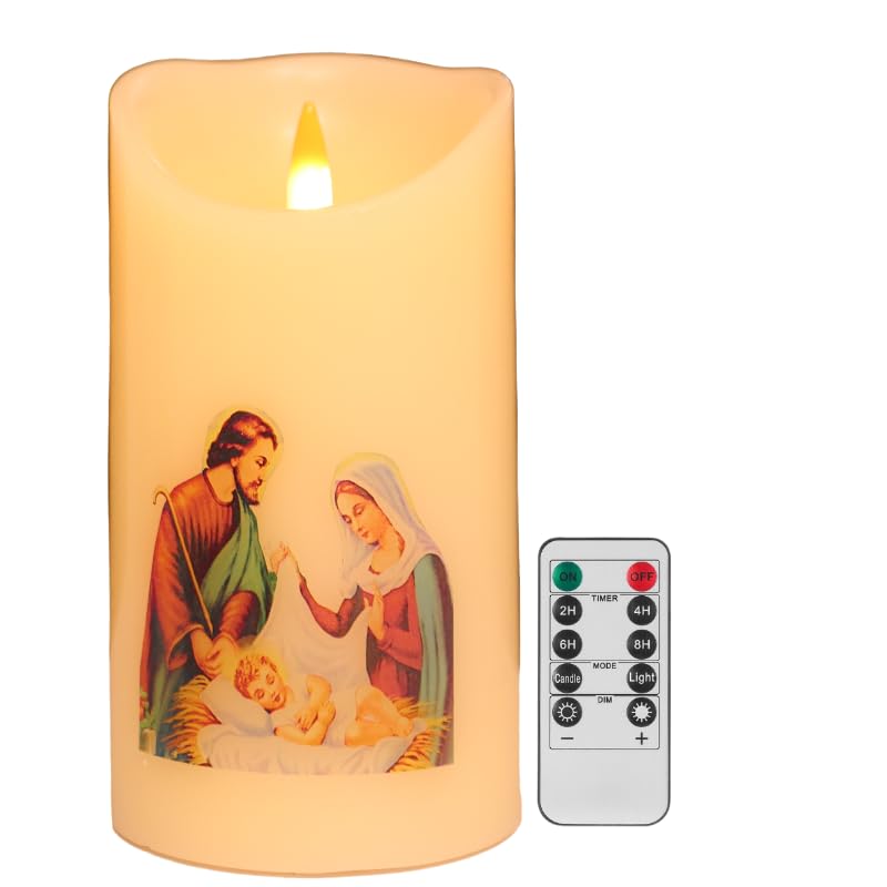QQFCTOO LED Prayer Flameless Candles with Remote Timer, Battery Powered Candle, Religious Candle, Real Wax,6 x 3.2(Holy Family S