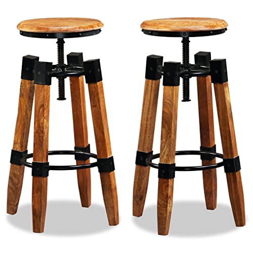 vidaXL 2 pcs Solid Mango Wood Bar Stools - Industrial-Style with Height-Adjustable Feature, Sturdy Steel Fittings, No Assembly Required, Brown and Black