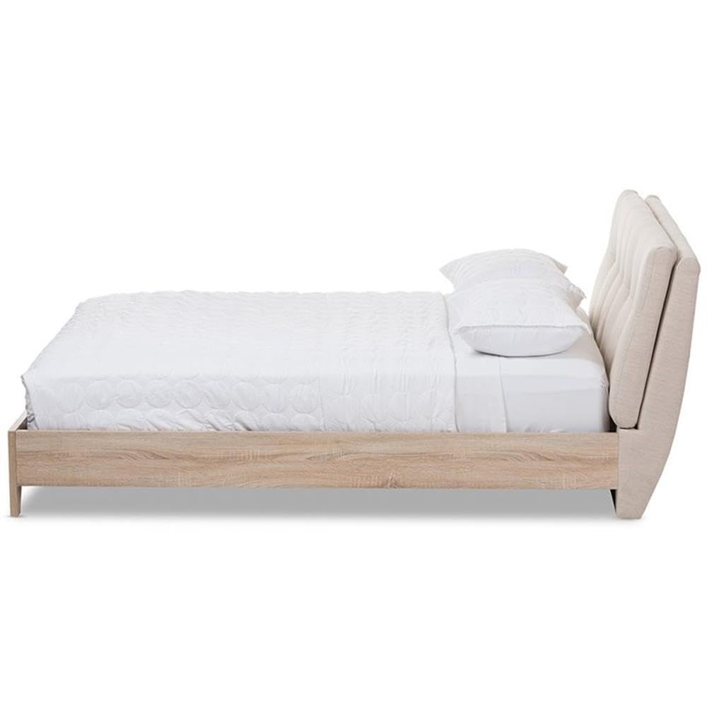 Baxton Studio Adelia Mid-Century Light Beige Whitewash Queen Size Platform Bed