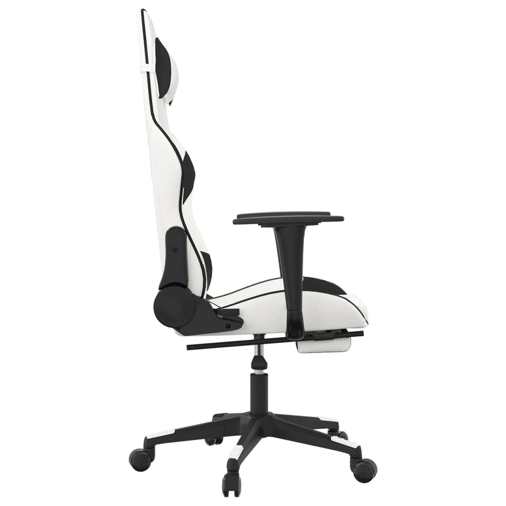 vidaXL Adjustable Gaming Chair with Footrest, Faux Leather, White and Black, Rolling Castors, 360 Degree Swivel, Sturdy Metal and Plywood Frame