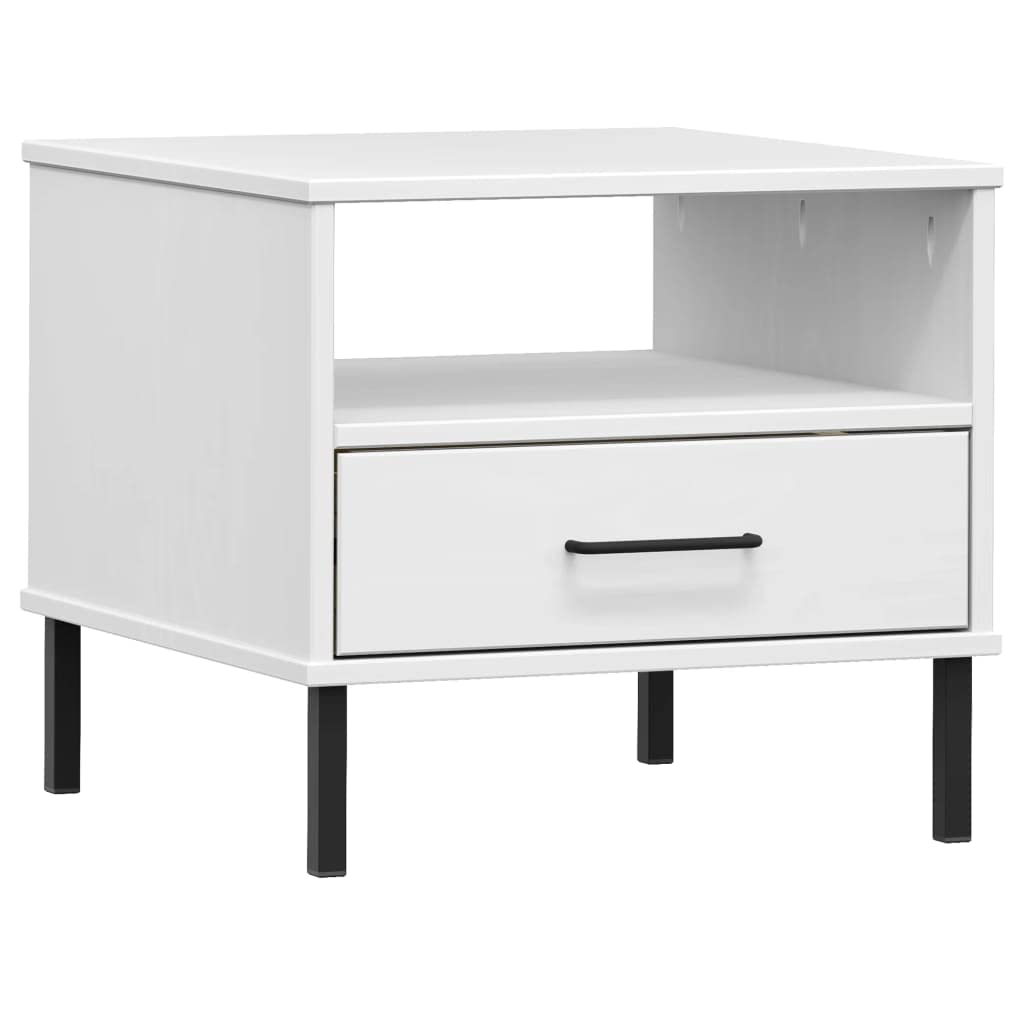 vidaXL Solid Pine Wood Bedside Table-Oslo Range, Industrial Design, White Finish, with Metal Legs, One Drawer and Open Compartment