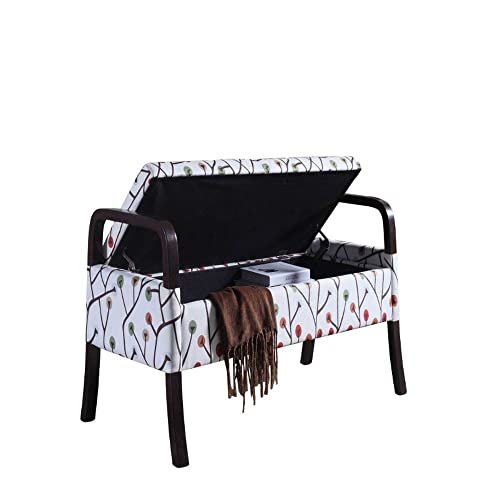 HomeRoots Red/White Wood, Polyurethane Foam: 97%, Polyester Fabric: 3% Modern Harvest Neutrals Wooden Storage Bench with Handles