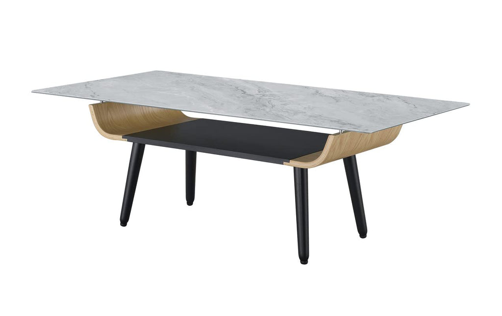 Lilola Home Landon Coffee Table with Glass Gray Marble Texture Top and Bent Wood Design