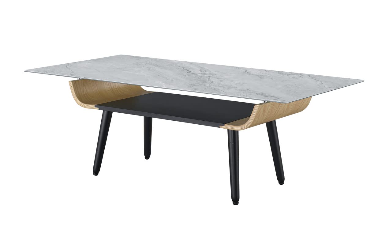 Lilola Home Landon Coffee Table with Glass Gray Marble Texture Top and Bent Wood Design