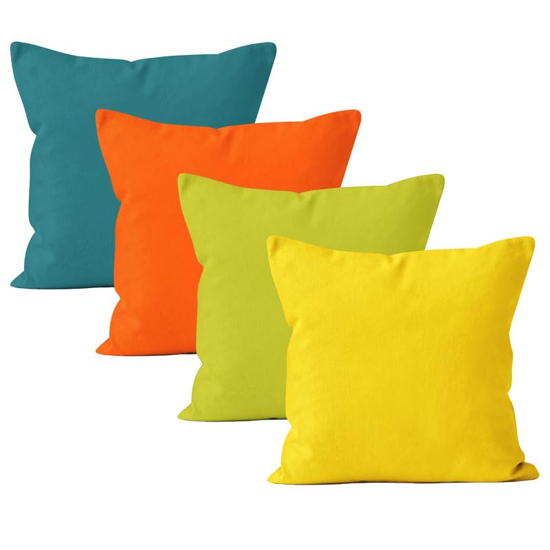 Encasa Cotton Throw Pillow Covers Set Of 4 I 24X24 In (60X60 Cm) - Bright Combo I No Insert I Plain Square Pillowcases I Machine