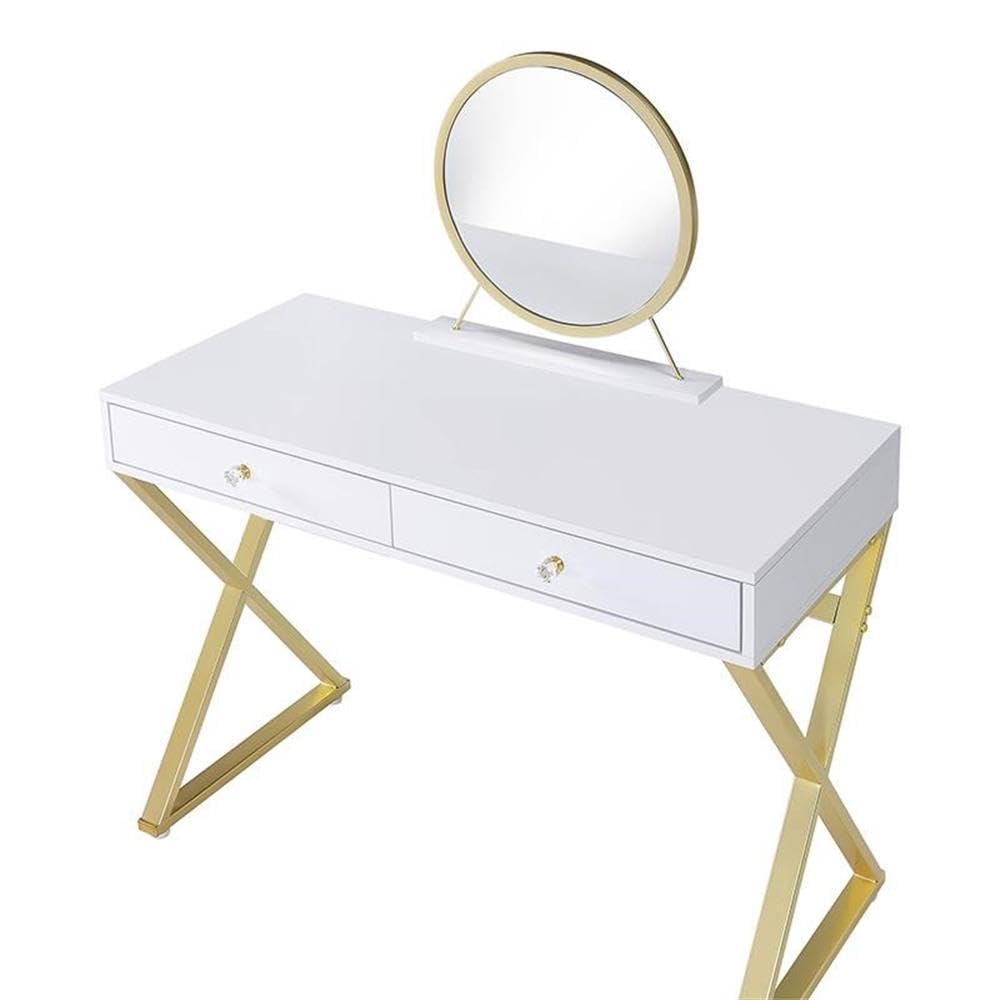Acme Coleen 2 Wooden Drawers Vanity Desk with Jewelry Tray in White and Gold