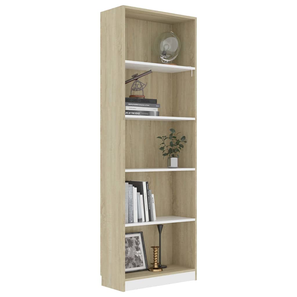 vidaXL Modern 5-Tier Book Cabinet in White and Sonoma Oak - Durable Engineered Wood - Spacious Shelves for Book Storage and Display - Minimalist Design - Easy Assembly