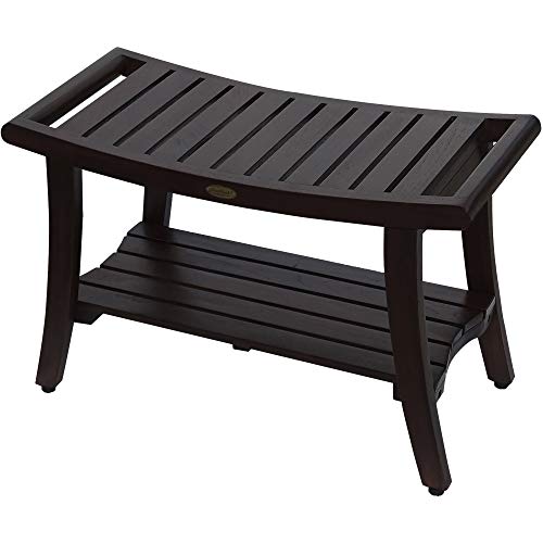 HomeRoots Dark Brown Compact Curvilinear Teak Shower/Outdoor Bench with Shelf and Liftaide Arms in Brown Finish