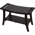 HomeRoots Dark Brown Compact Curvilinear Teak Shower/Outdoor Bench with Shelf and Liftaide Arms in Brown Finish