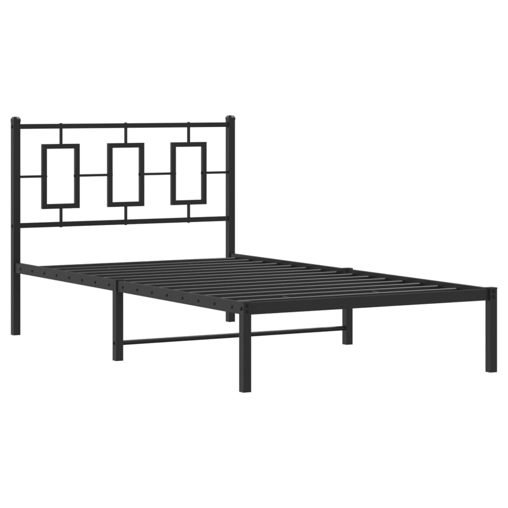 vidaXL Metal Single Bed Frame - Black Steel, Supportive Slats, Elevated Design for Storage, Headboard Included, Fits 39.4"x78.7" Mattress