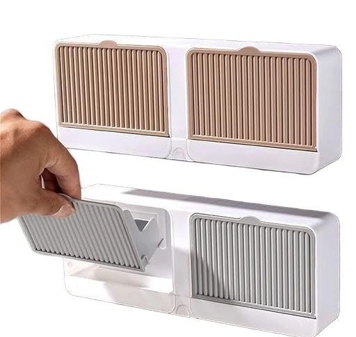 BARHARY WallMounted NoDrilling Double Bar Soap Dish with Drainage Box with Cover (Grey Colors)(Pack of 01).