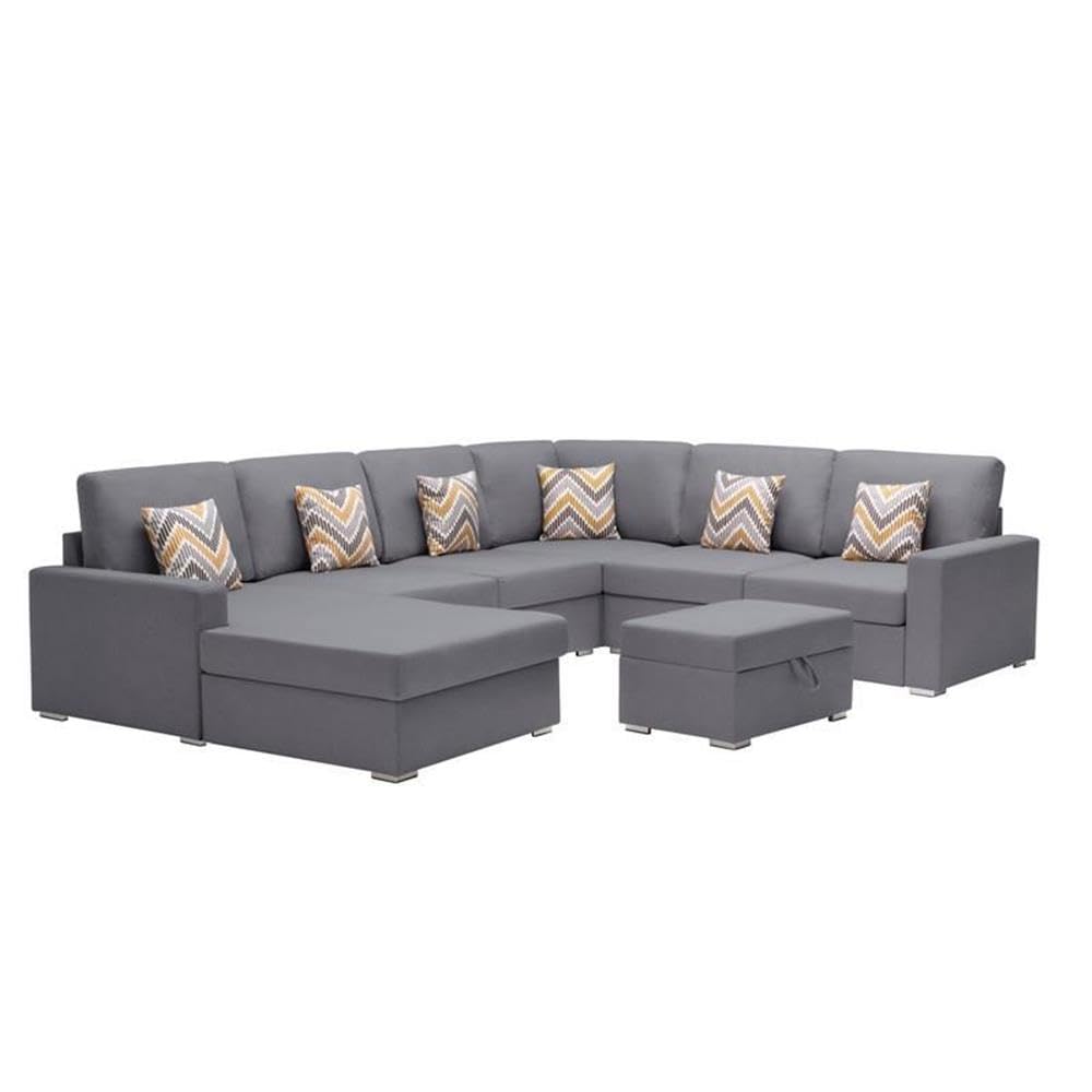 Lilola Home Nolan Gray Linen Fabric 7Pc Reversible Chaise Sectional Sofa with Interchangeable Legs, Pillows and Storage Ottoman