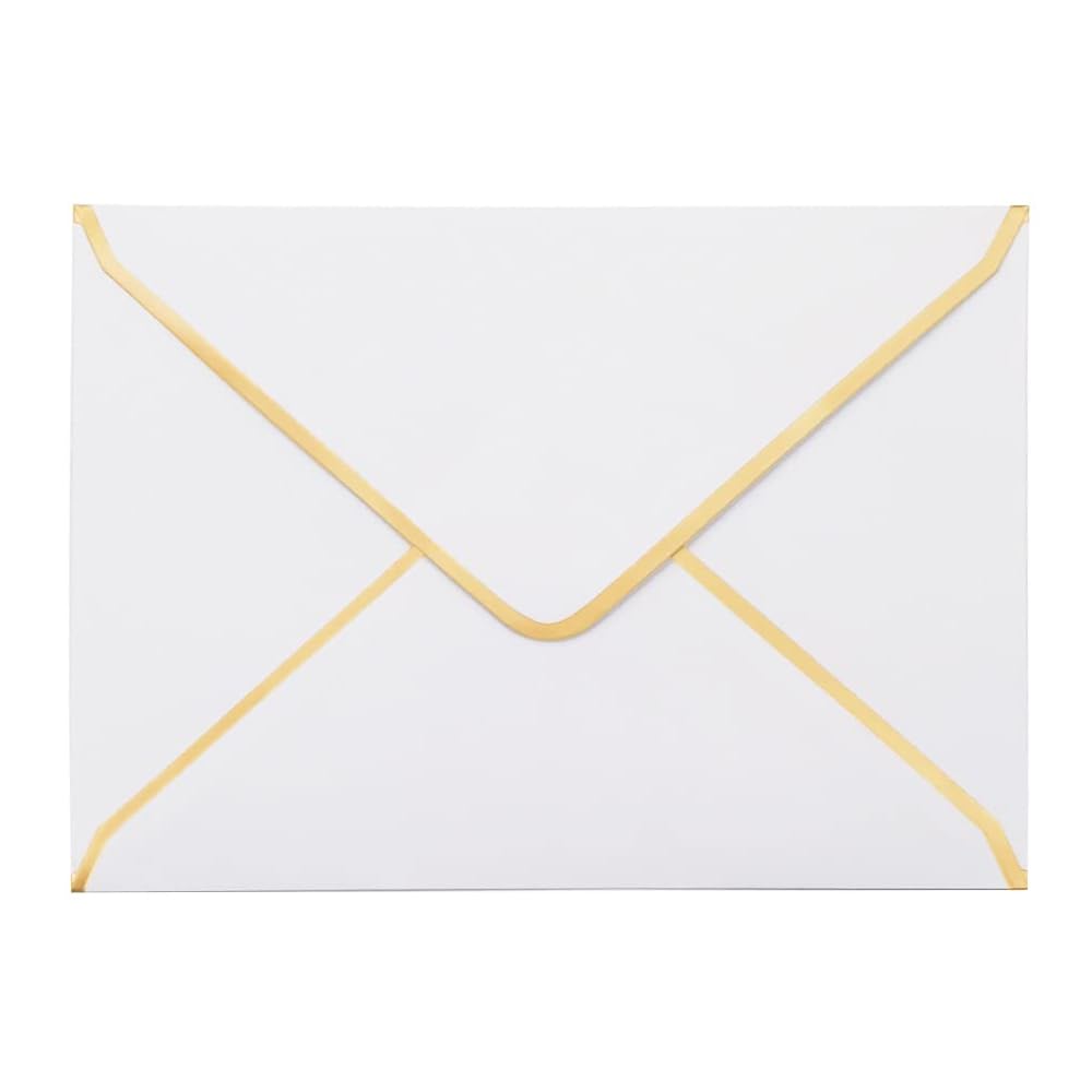 50 Pcs Invitation Envelopes A7 Size, White Envelopes 5 X 7 Inch V-Flap Mailing Card Envelopes Quick Seal Envelopes With Gold Bor