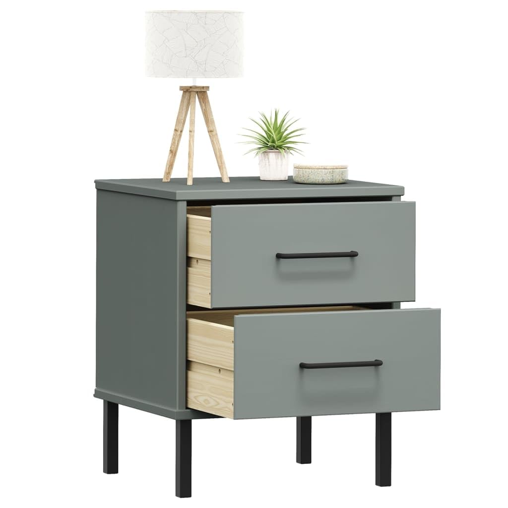 vidaXL &quot;Oslo Solid Pine Wood Bedside Cabinet in Gray with Metal Legs and 2 Drawers - Industrial-Style Bedroom Furniture, Ample Storage