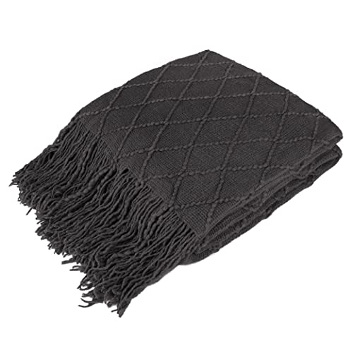 Pavilia Dark Gray Knit Twin Blanket For Couch, Soft Knitted Boho Farmhouse Home Decor Woven Throw, Cozy Decorative Afghan Bed So