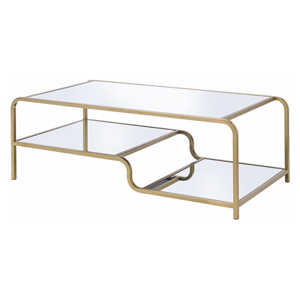 Acme Astrid Glass Top Coffee Table with Mirror Shelf in Gold