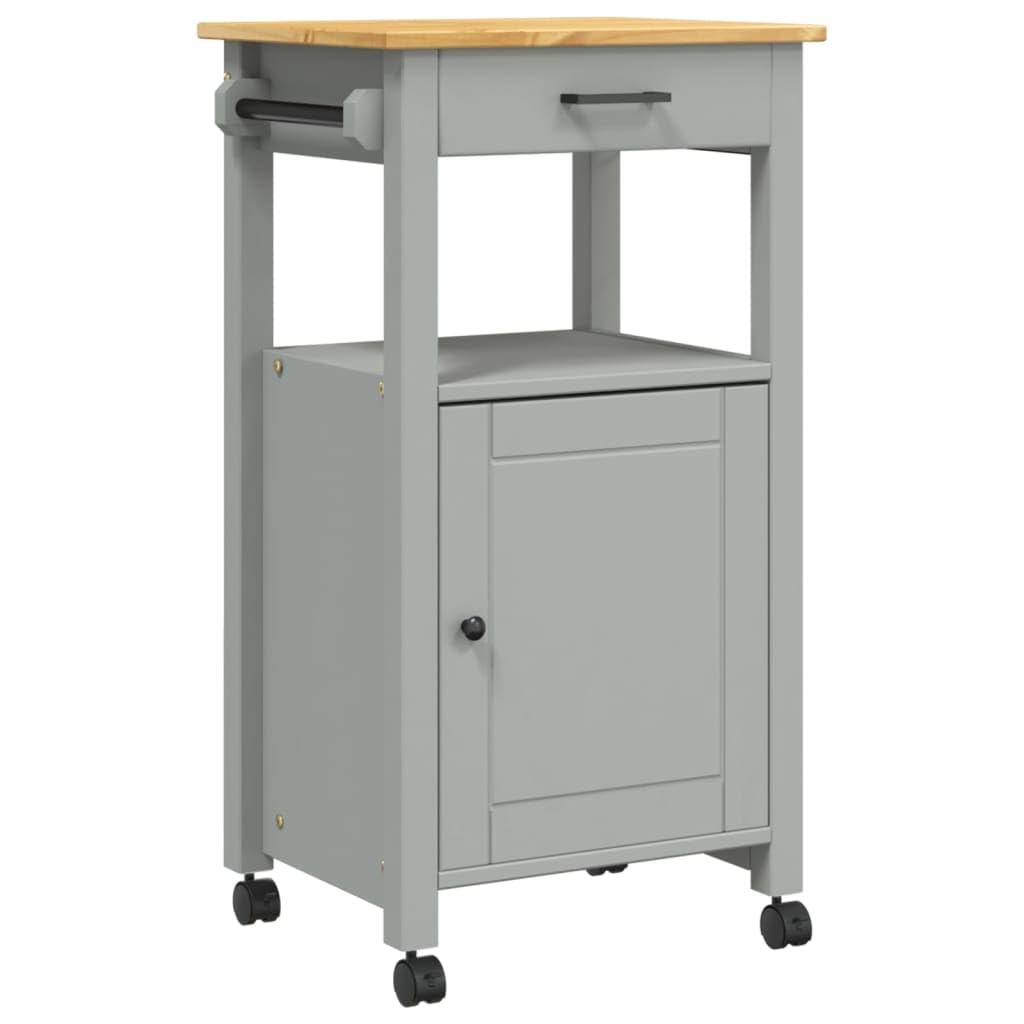 vidaXL Solid Pine Wood Kitchen Trolley - Rolling Cart with Storage Drawer, Door, and Wheels for Kitchen/Living Room Use, Gray/Honey Wax, 18.9x15.7x35.4 in