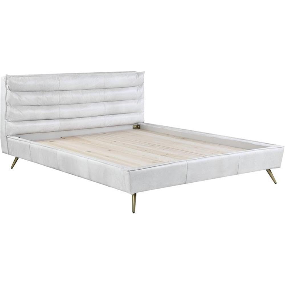 Acme Doris Top Grain Leather Upholstered Queen Bed in Vintage White