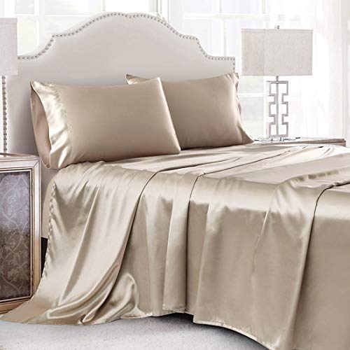 Cobedzy 4 Piece Luxury Queen Sheet Set, Soft Silky Bed Sheets Queen Set, Taupe Satin Sheet Set With 1 Deep Pocket Fitted Sheet 1