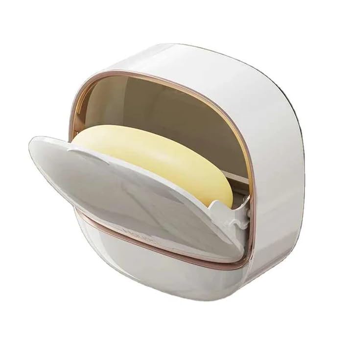 Esselkay Wall Mounted Soap Dish Holder with Lid, SelfDraining, Adhesive, DustProof, for Bathroom and Kitchen, Pack of 1