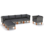 vidaXL 7-Piece Patio Lounge Set in Gray - Durable PE Rattan and Powder-Coated Steel with Solid Eucalyptus Wood Legs - Includes Corner Sofas, Middle Sofas, Sofa, Footstools, and Cushions