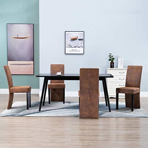 vidaXL Modern Dining Chairs Set of 4, Brown Faux Suede Leather Upholstery, Comfort Padding, High Backrest Design, Stable Wooden Legs