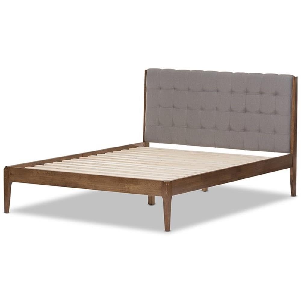Baxton Studio Clifford Mid-Century Light Grey Fabric and Medium Brown Finish Wood Queen Size Platform Bed