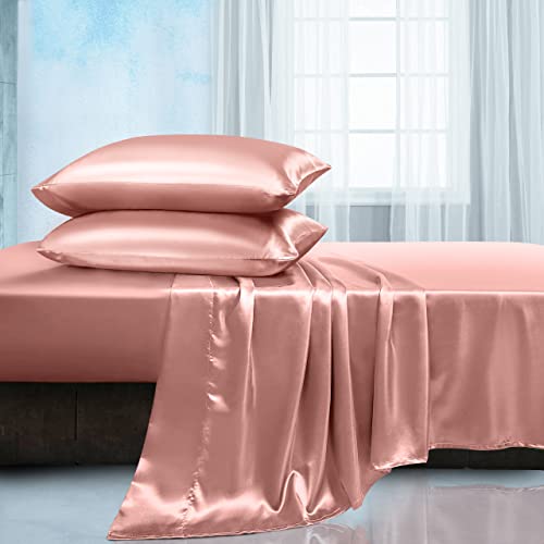 Manyshofu Satin Queen Sheets Set 4 Piece - Soft Silky Satin Sheets Set, Rose Gold Satin Bed Sheets Cooling & Luxury Bedding Shee