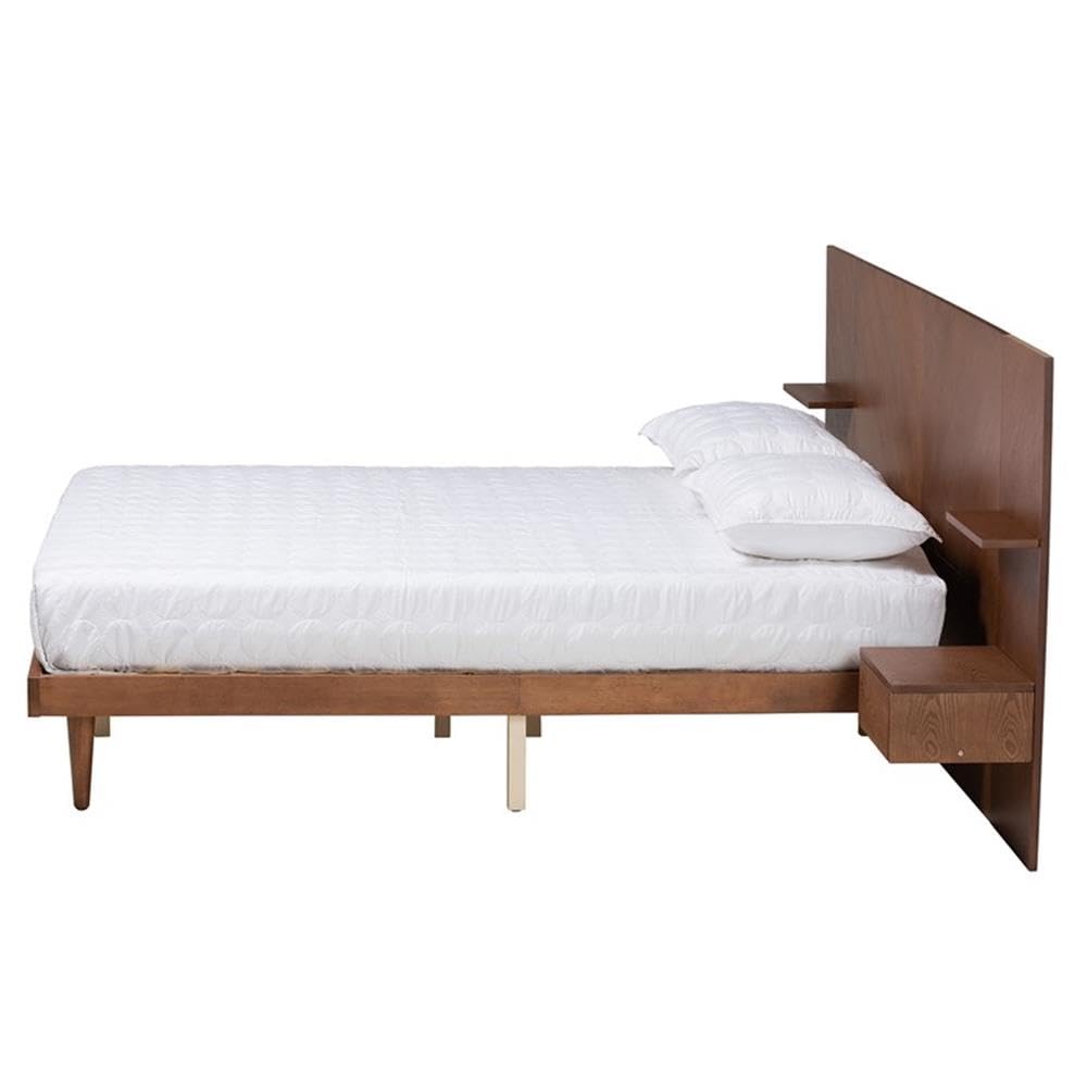 Baxton Studio Graham Mid-Century Modern Transitional Ash Walnut Finished Wood Queen Size Platform Storage Bed with Built-in Nightstands