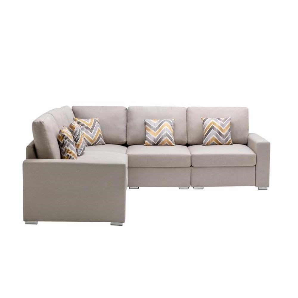 Lilola Home Nolan Beige Linen Fabric 5Pc Reversible Sectional Sofa with Pillows and Interchangeable Legs