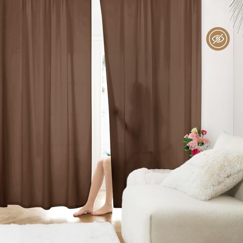 Homeideas Non-See-Through Brown Privacy Sheer Curtains 52 X 63 Inches Long 2 Panels Sheer Curtains Light Filtering Window Curtains Drapes For Bedroom Living Room