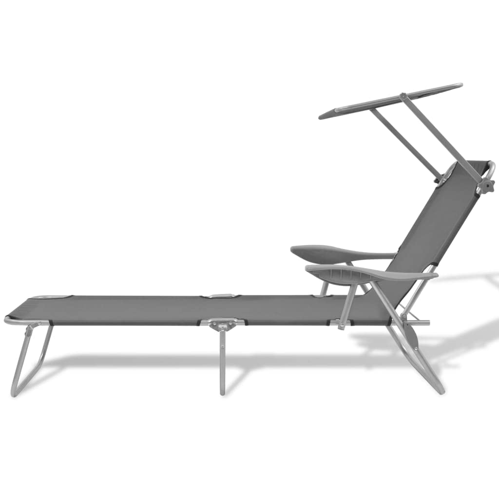 vidaXL Adjustable Sun Lounger with Canopy - Weatherproof Steel Construction - Portable and Foldable Design - Gray Outdoor Lounge Bed.