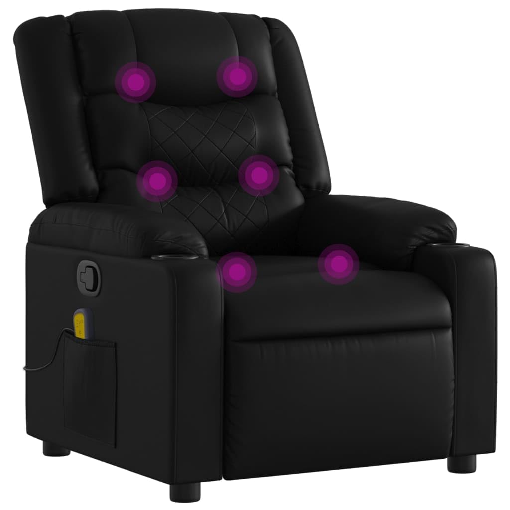 vidaXL Black Faux Leather Massage Recliner Chair - Manual Reclining Armchair with Vibration, Cup Holders, Side Pocket, 6-Point Massage, Living Room, Standard, 3206831