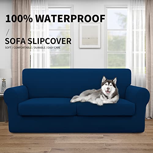 Easy-Going 100% Dual Waterproof Oversized Loveseat Cover Stretch Soft Couch Cover For Dogs, Sofa Slipcover For 2 Separate Cushion Couch Leakproof Furniture Protector For Kids, Pets Navy