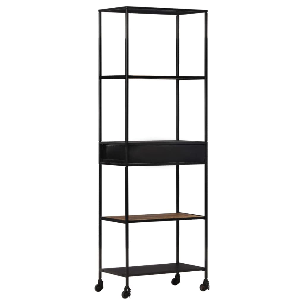 vidaXL Industrial Style Book Cabinet with Drawer - Rough Mango Wood & Black Powder-Coated Iron Stand - 23.6&quot;x13.8&quot;x70.9&quot;