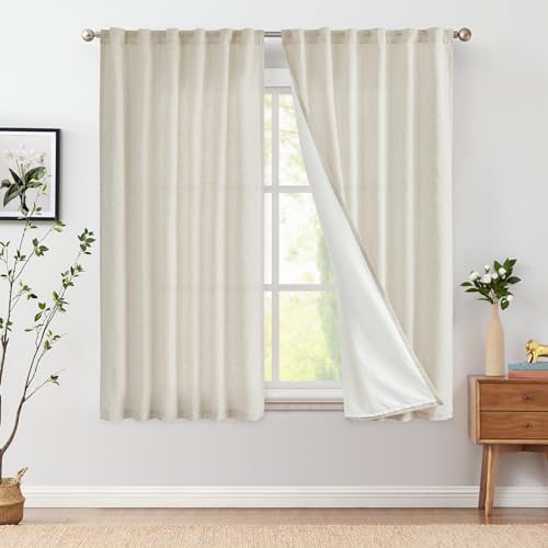 Jinchan Linen Blend Beige Curtains 72 Inches Long For Living Room Farmhouse Rod Pocket Back Tab Light Filtering Window Drapes With Lined For Bedroom Crude 2 Panels Ecru