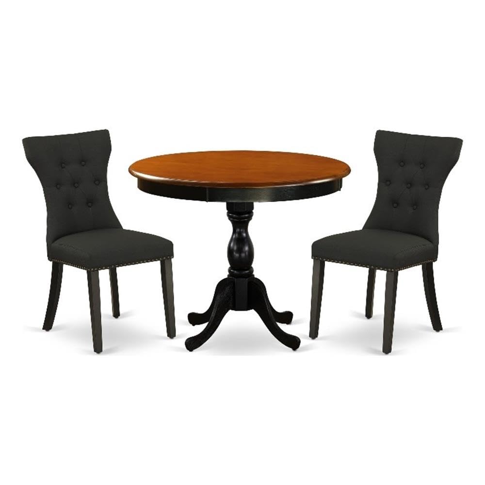 East West Furniture Amga3-Bch-24 3 Piece Modern Dining Table Set Contains A Round Kitchen Table With Pedestal And 2 Black Linen Fabric Upholstered Parson Chairs, 36X36 Inch, Black & Cherry