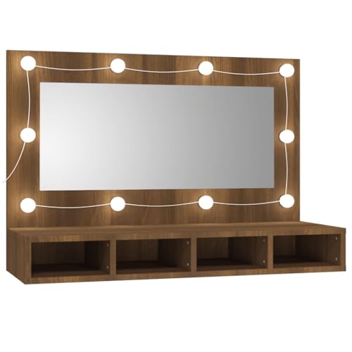 vidaXL Mirror Cabinet with LED Brown Oak 35.4&quot;x12.4&quot;x24.4&quot;