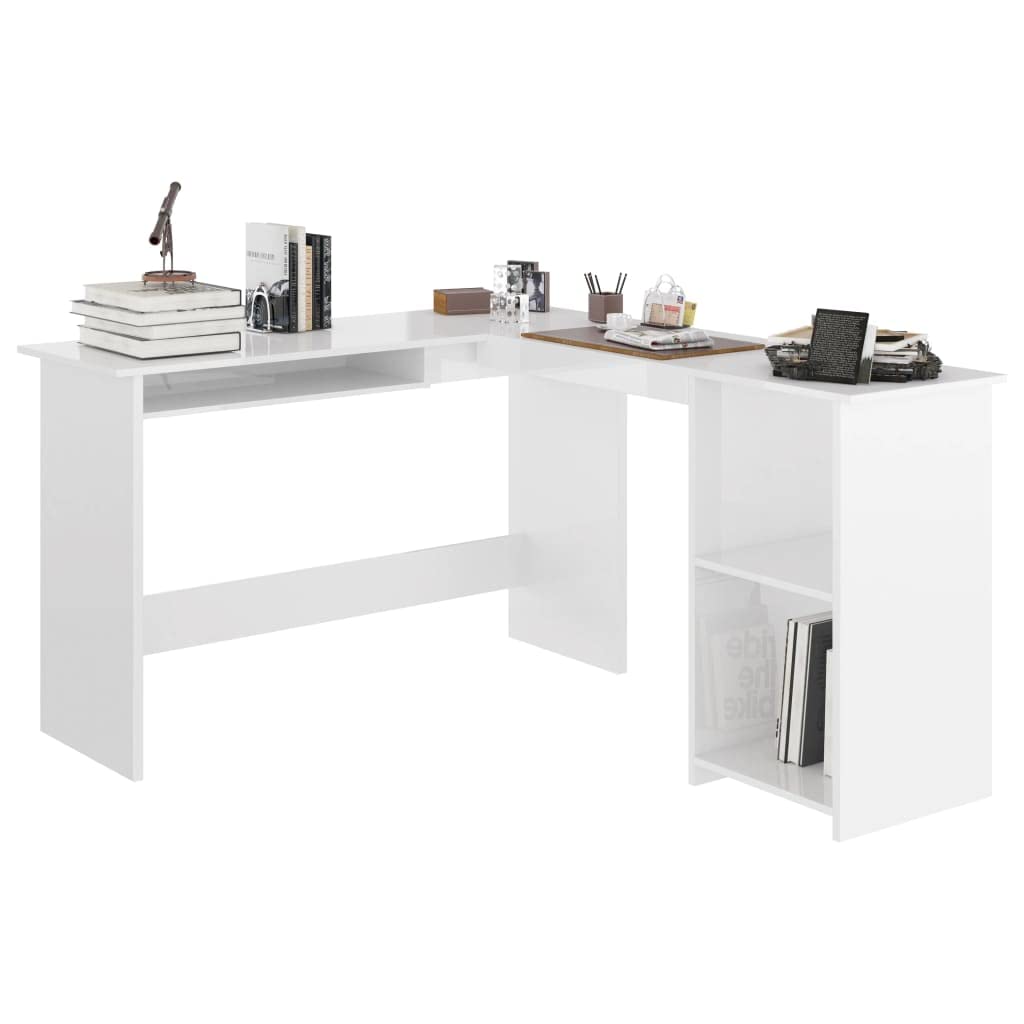 vidaXL L-Shaped Corner Desk Engineered Wood with Sliding Keyboard Tray & Open Shelves - High Gloss White Finish