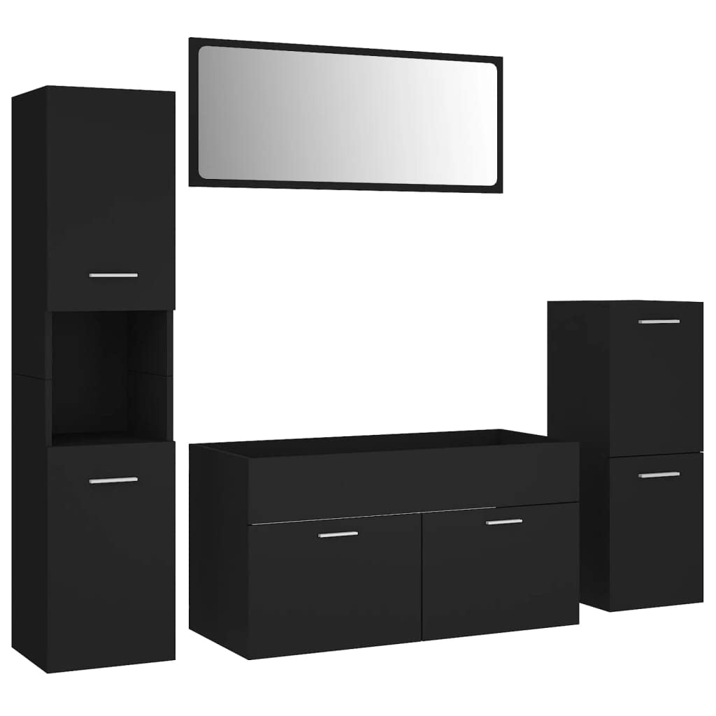 vidaXL Bathroom Furniture Set Washroom Storage Cabinet Wall-Mounted Hanging Vanity Mirror Home Interior Laundry Room Rack Black Engineered Wood