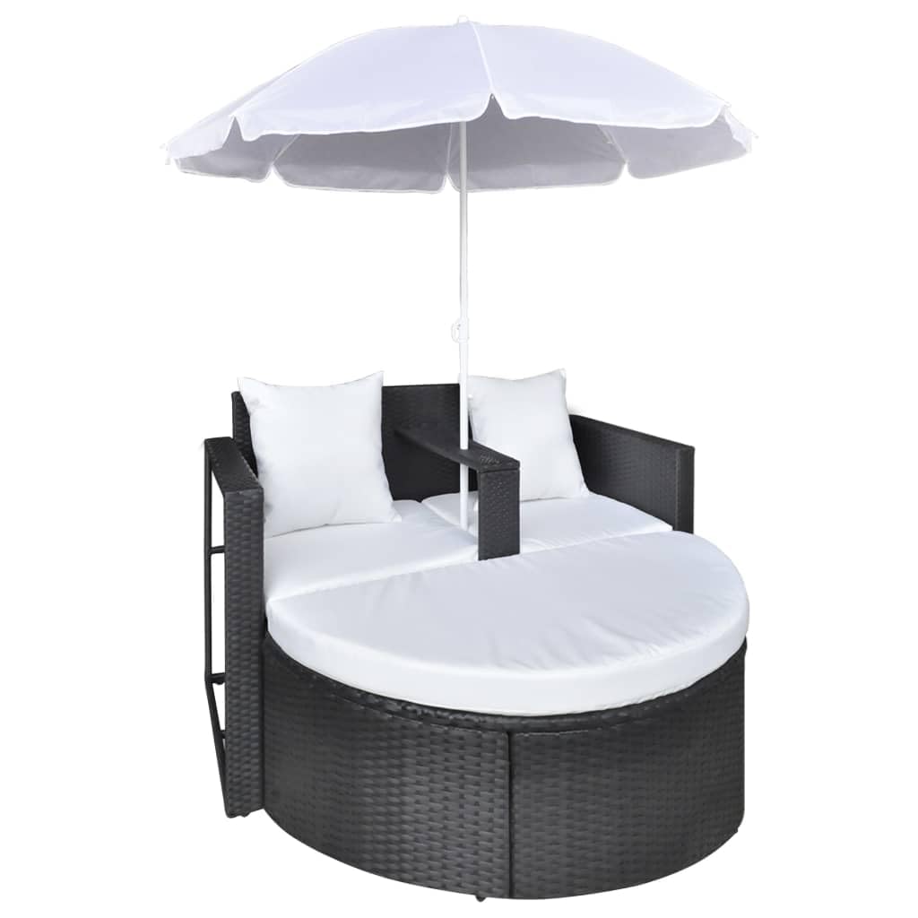Vidaxl Patio Bed With Parasol Black Poly Rattan