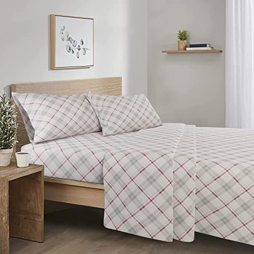 Comfort Spaces Cotton Flannel Breathable Warm Deep Pocket Sheets With Pillow Case Bedding, Queen, Grey/Red Plaid 4 Piece
