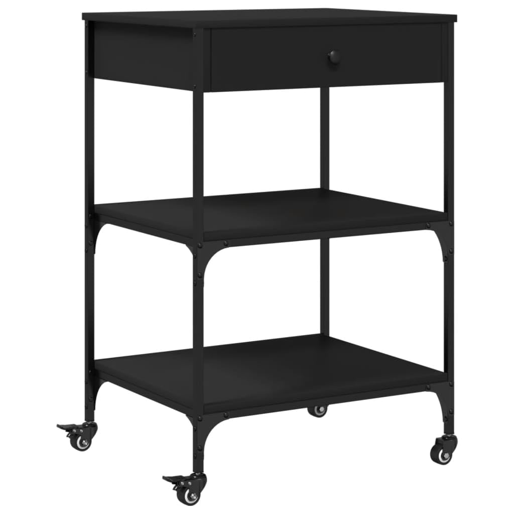 vidaXL Kitchen Trolley in Black - Engineered Wood with Steel Frame, Multiple Shelves and Lockable Wheels, Versatile Organizer for Home Storage 23.6x18.9x35.2