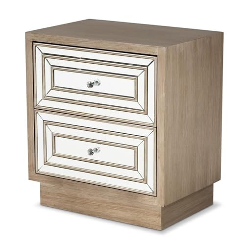 Baxton Studio Ellis Natural Brown Wood 2-Drawer End Table With Mirrored Glass