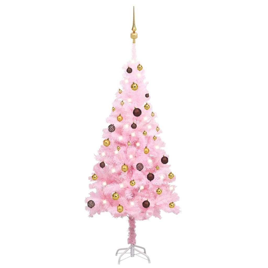 vidaXL 59.1&quot; Artificial Christmas Tree with LEDs, PVC Material, Decorative Ball Set - Shiny Gold, matt Gold, Bronze Colors, Stable Steel Feet, Pink Color