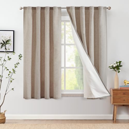 Jinchan Linen Blend Taupe Curtains 63 Inch Length For Living Room Farmhouse Rod Pocket Back Tab Light Filtering Window Drapes With Lined For Bedroom Taupe 2 Panels