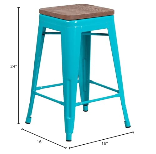 Flash Furniture Sinclair 24' High Backless Crystal Teal-Blue Counter Height Stool With Square Wood Seat