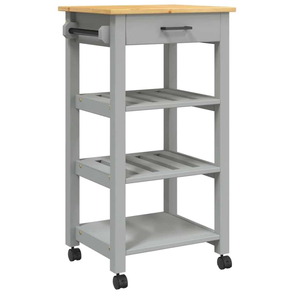 vidaXL Solid Wood Pine Kitchen Trolley Cart - Rolling Utility Organizer with Drawers, Shelves, and Wheels, Gray/Honey Wax, 18.9x15.7x35.4