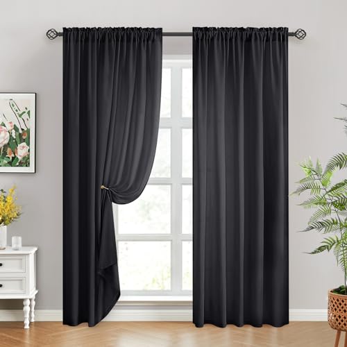 Homeideas Non-See-Through Black Privacy Sheer Curtains 52 X 96 Inches Long 2 Panels Sheer Curtains Light Filtering Window Curtains Drapes For Bedroom Living Room