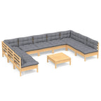 vidaXL Solid Pinewood Outdoor Patio Lounge Set w/Gray Cushions - 10 Piece Modular Garden Sofa Set